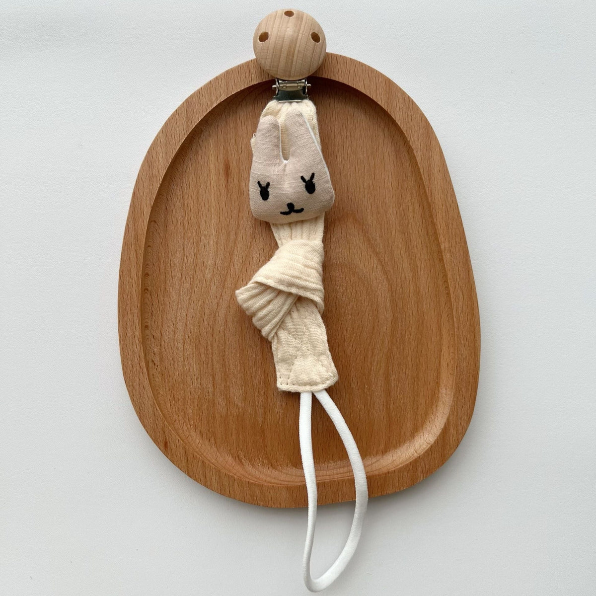 Cotton Dummy Clip, Knitted Soother Holder with Plush Motif & Beech Wood Clip, 27 cm, 8 Designs, held in hand for scale