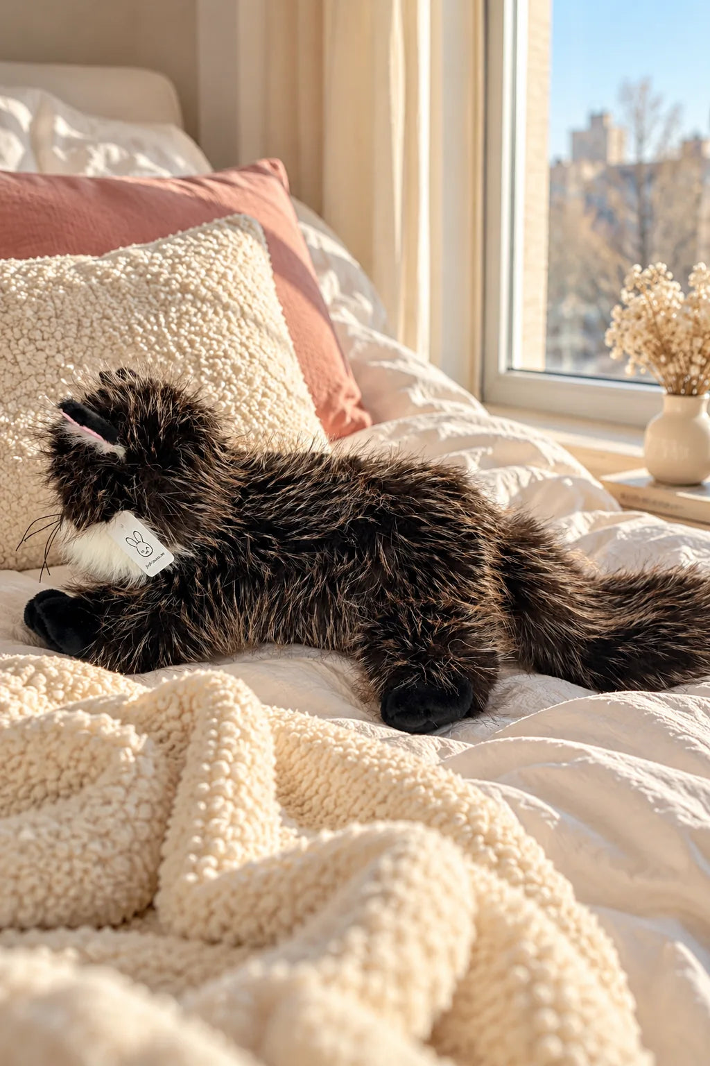 Realistic black cat plush toy, lying down, at home