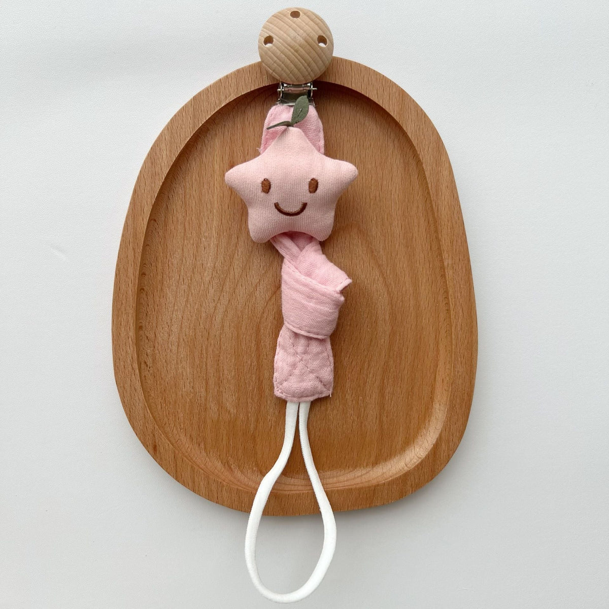 Cotton Dummy Clip, Knitted Soother Holder with Plush Motif & Beech Wood Clip, 27 cm, 8 Designs, back view