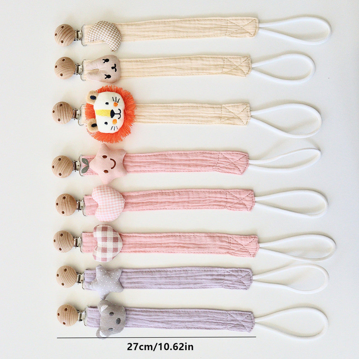 Cotton Dummy Clip, Knitted Soother Holder with Plush Motif & Beech Wood Clip, 27 cm, 8 Designs, side view