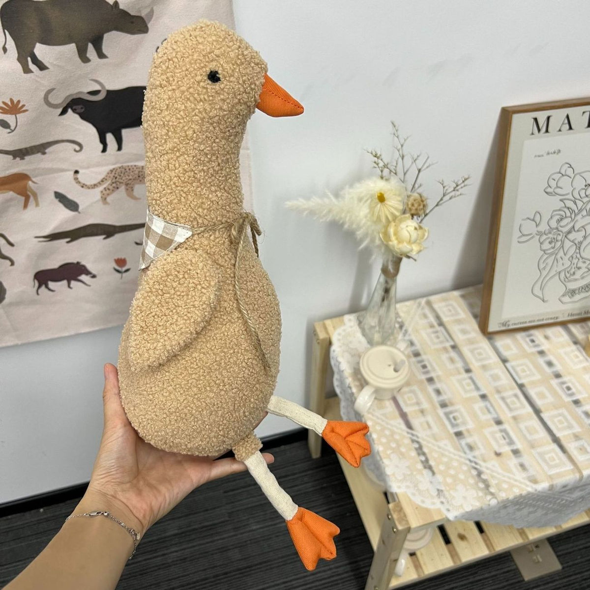 Goose Plush Toy, Soft Stuffed Animal Doll with Scarf, 43 cm, styled on a shelf