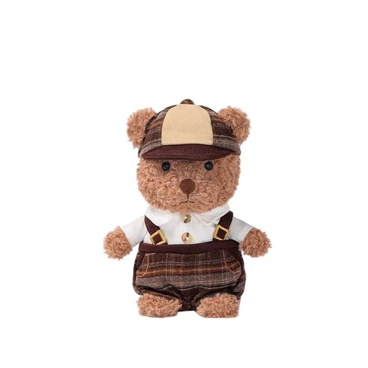 Teddy Bear Plush Toy in Vintage Outfit, Soft Stuffed Bear Doll with Cap & Suspenders, 18 cm, front view