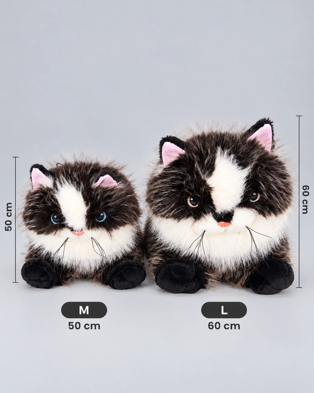 Realistic black cat plush toy, lying down, 50cm and 60cm sizes side by side
