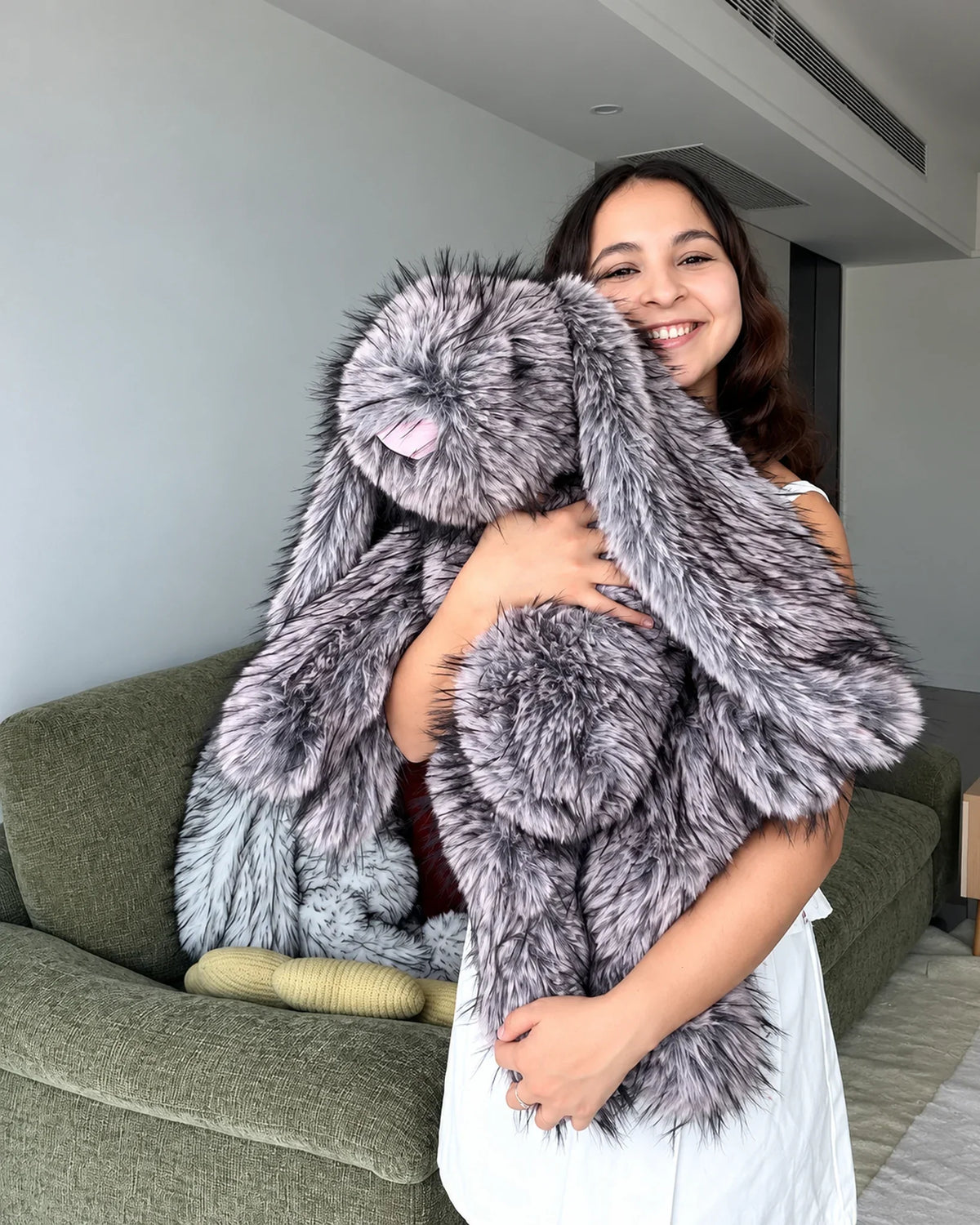 Frosted Lilac giant bunny plush toy 70cm, being hugged