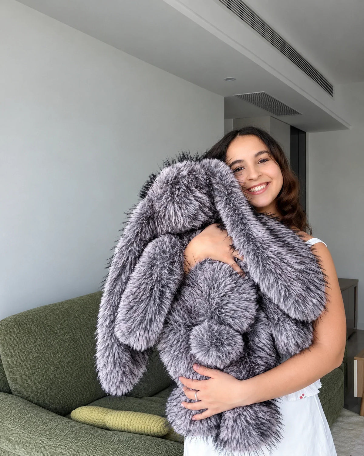 Frosted Lilac giant bunny plush toy 70cm, being hugged