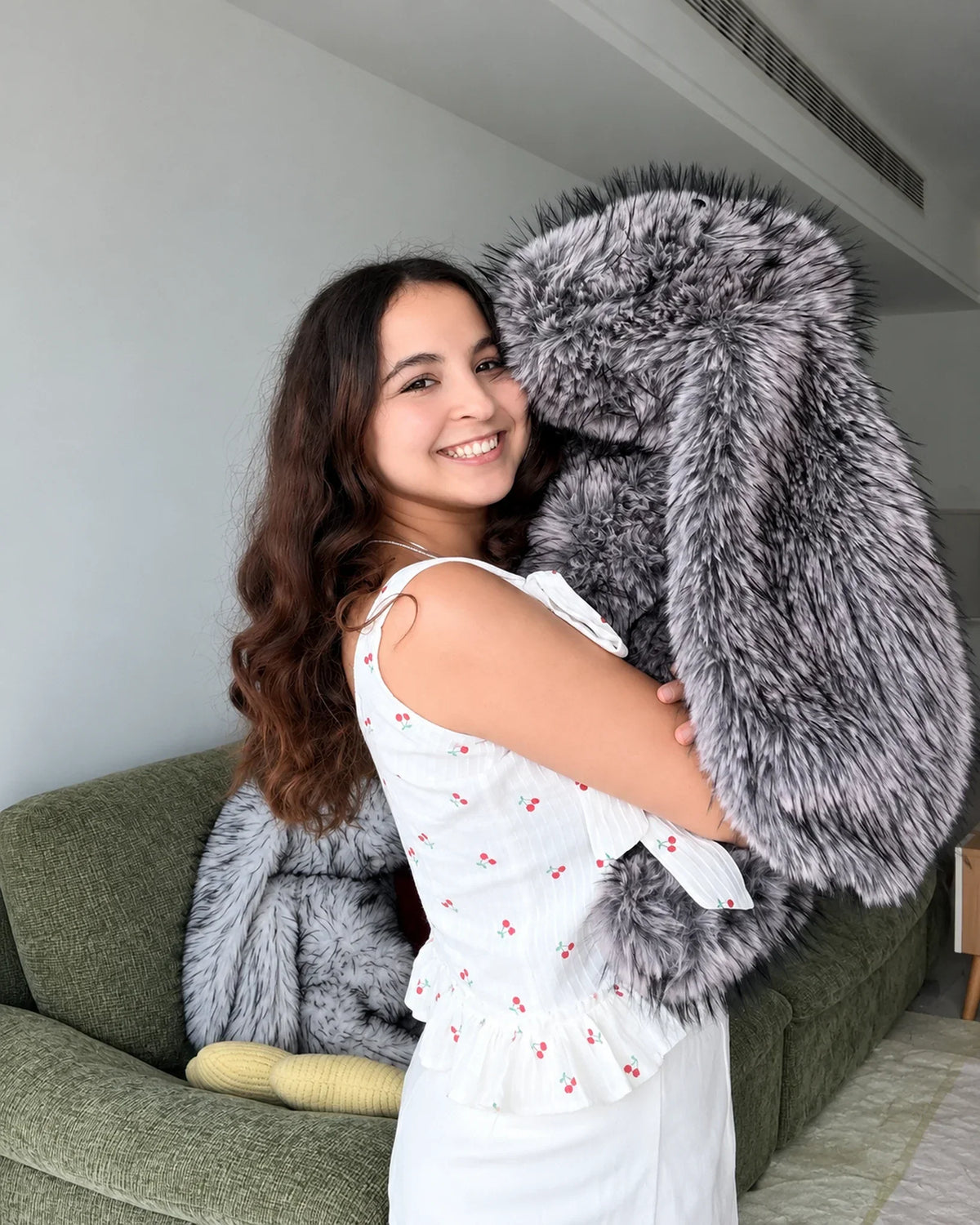 Frosted Lilac giant bunny plush toy 70cm, being hugged