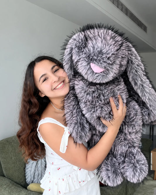 Frosted Lilac giant bunny plush toy 70cm, being hugged