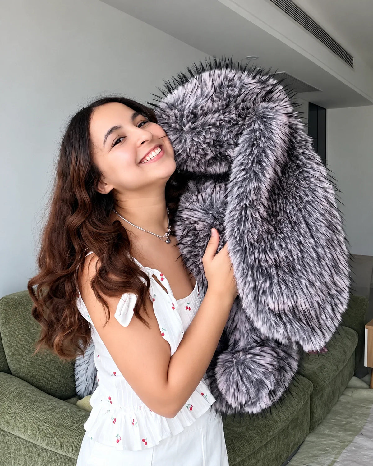 Frosted Lilac giant bunny plush toy 70cm, being hugged