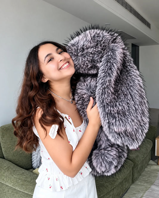 Frosted Lilac giant bunny plush toy 70cm, being hugged