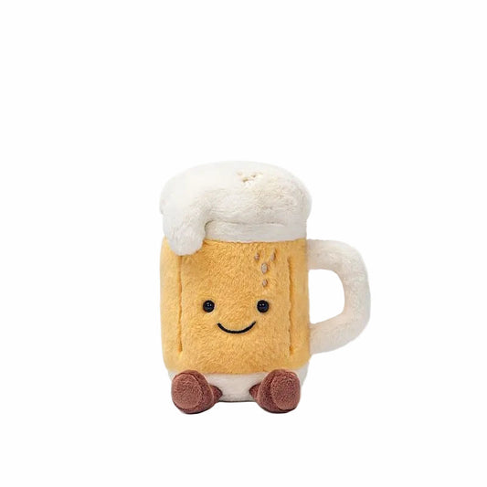 Beer Mug Plush Toy, Soft Stuffed Food Doll with Smiling Face, 18 cm, front view