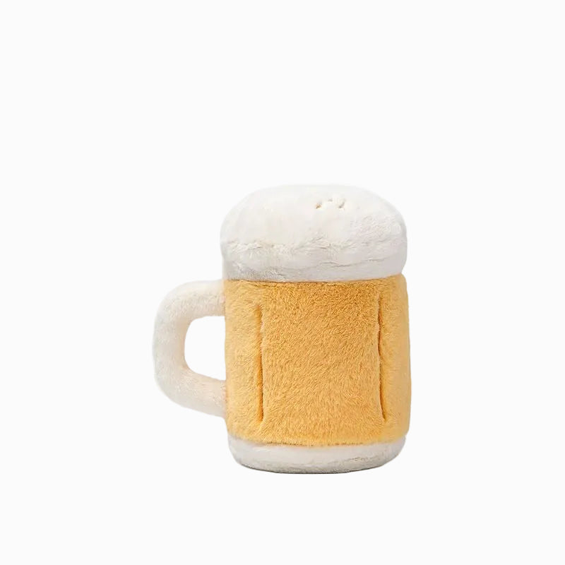 Beer Mug Plush Toy, Soft Stuffed Food Doll with Smiling Face, 18 cm, styled in a nursery setting