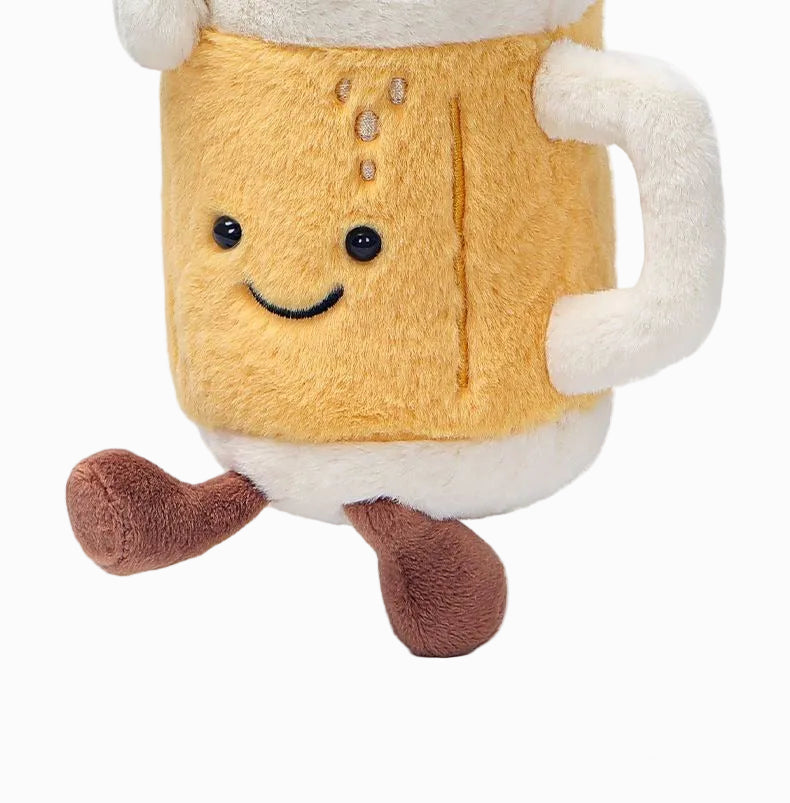 Beer Mug Plush Toy, Soft Stuffed Food Doll with Smiling Face, 18 cm, side view
