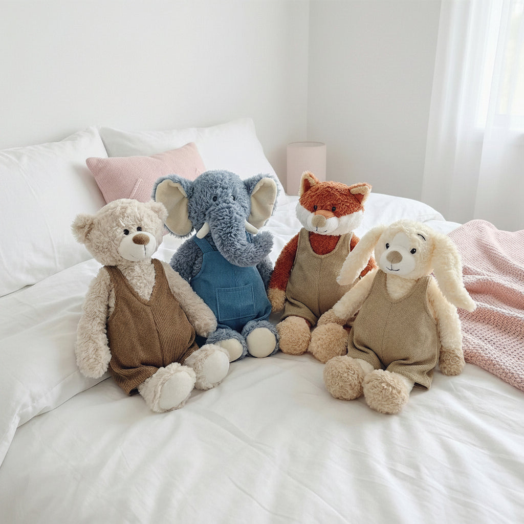 Overalls, elephant plush toy, teddy bear, cute plush toy for sleeping, comforting teddy bear, styled in a nursery setting