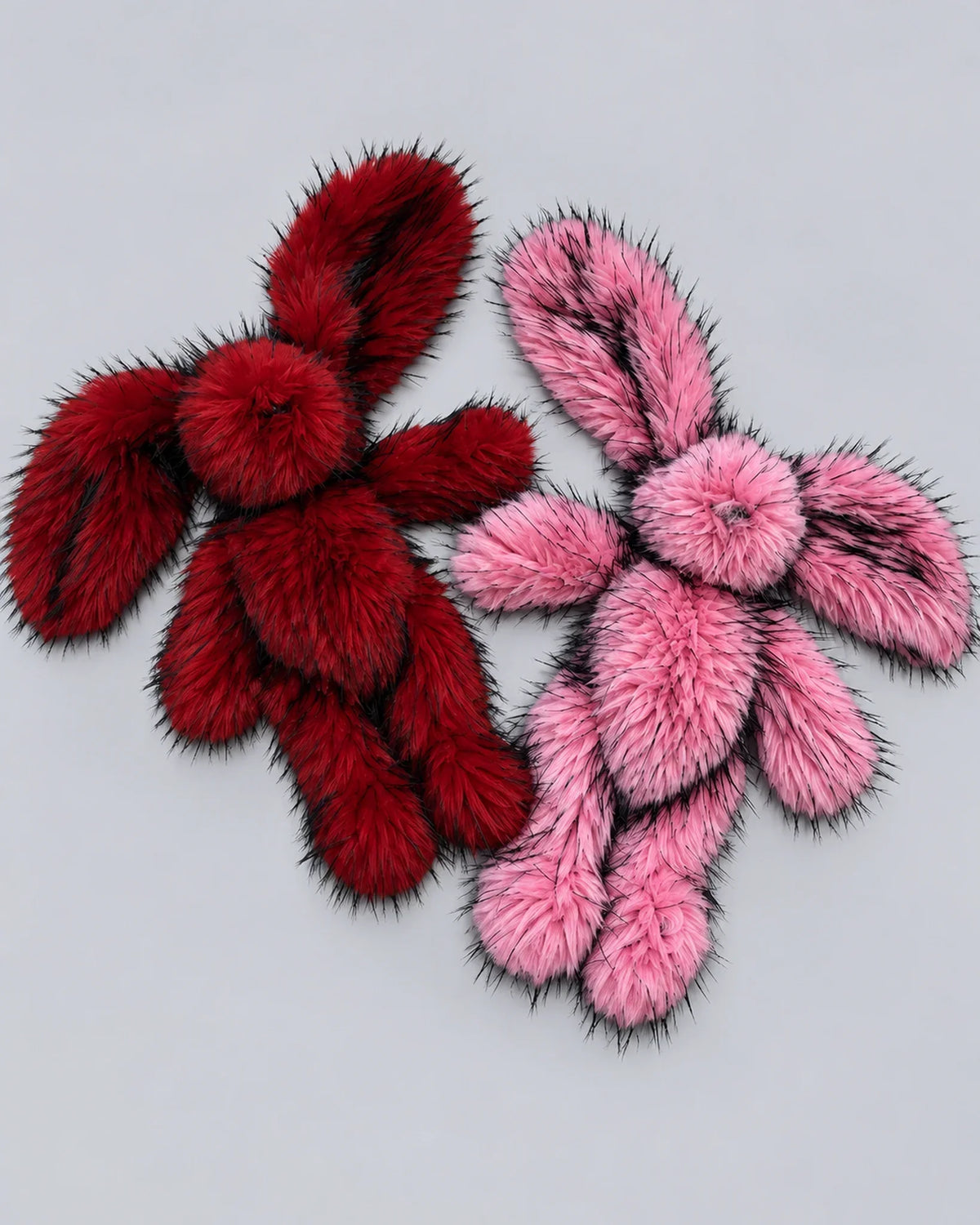 Cherry Red and Rose Pink 45cm faux fur bunny plush toys, flat lay