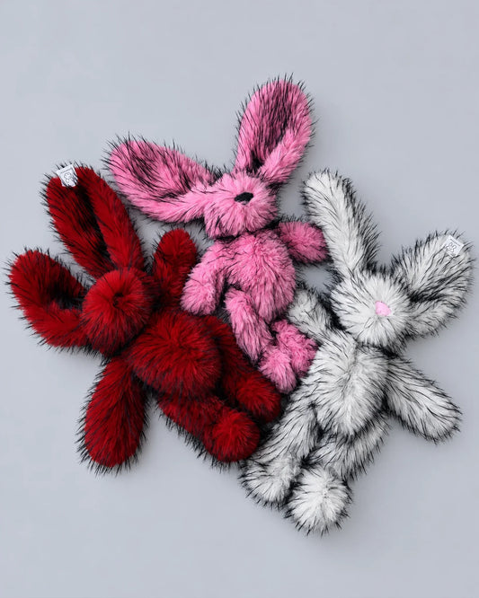 Three 45cm faux fur bunny plush toys in Rose Pink, Cherry Red and Arctic White