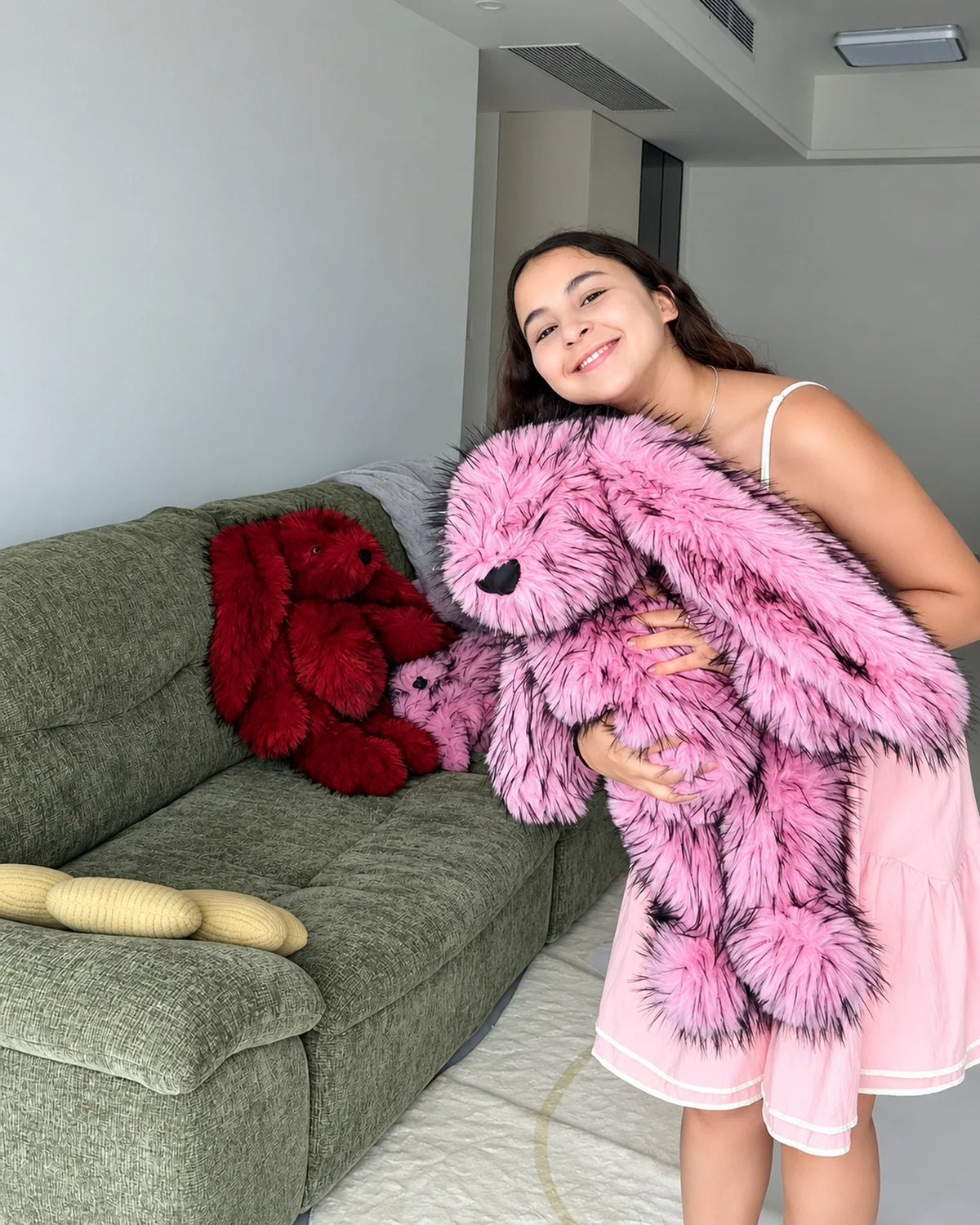 Rose Pink giant bunny plush toy 70cm, being hugged
