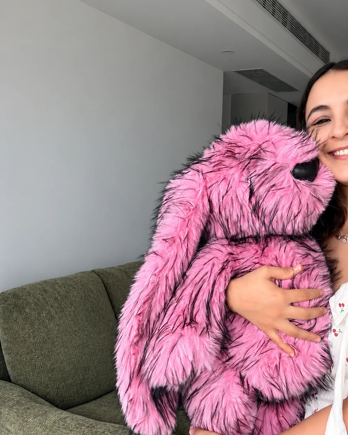 Rose Pink giant bunny plush toy 70cm, being hugged