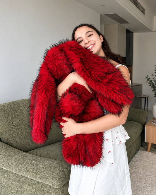 Cherry Red giant bunny plush toy 70cm, being hugged