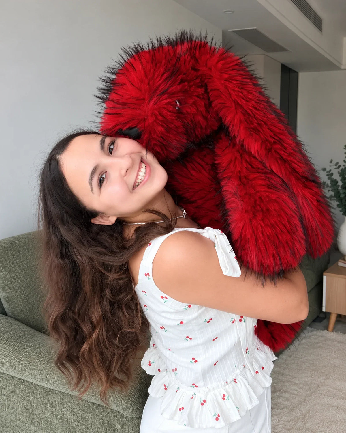 Cherry Red giant bunny plush toy 70cm, hugged over the shoulder