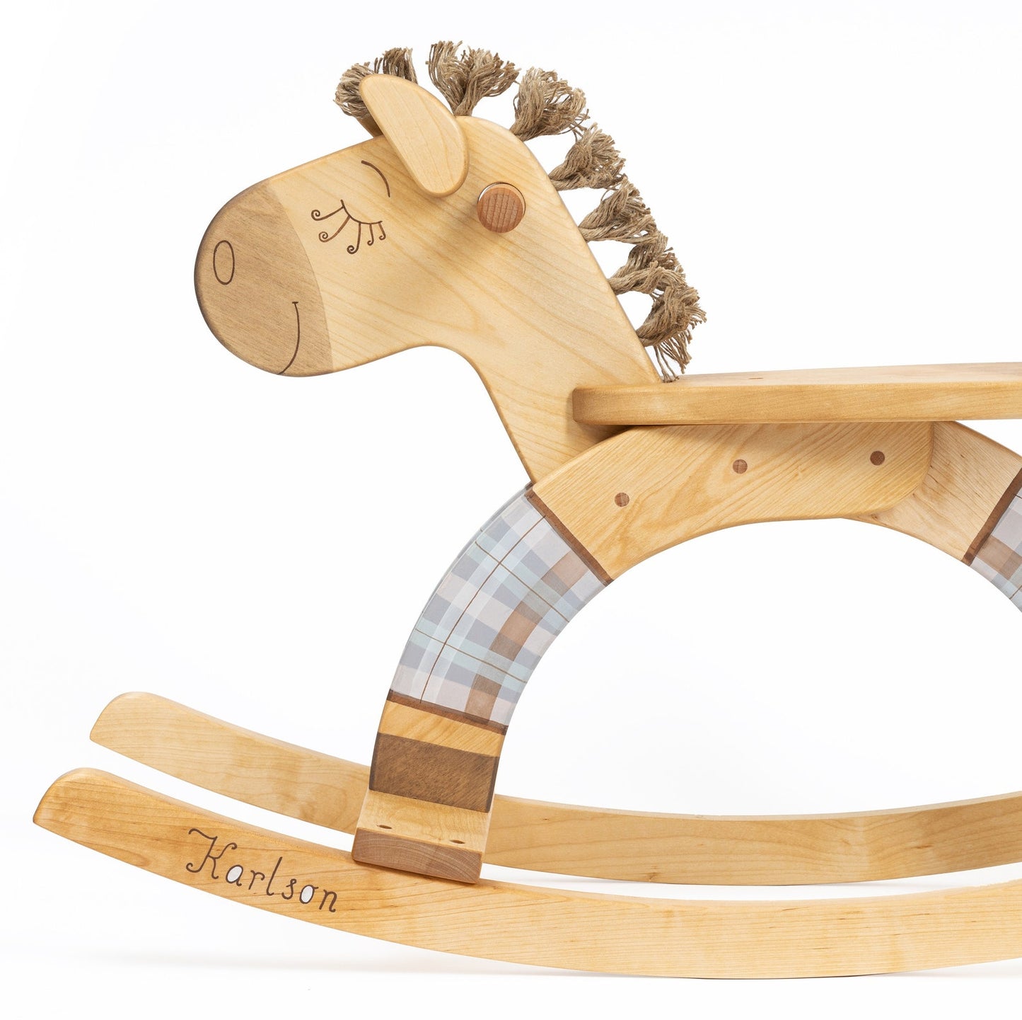 Wooden Rocking Horse — Plaid Blue